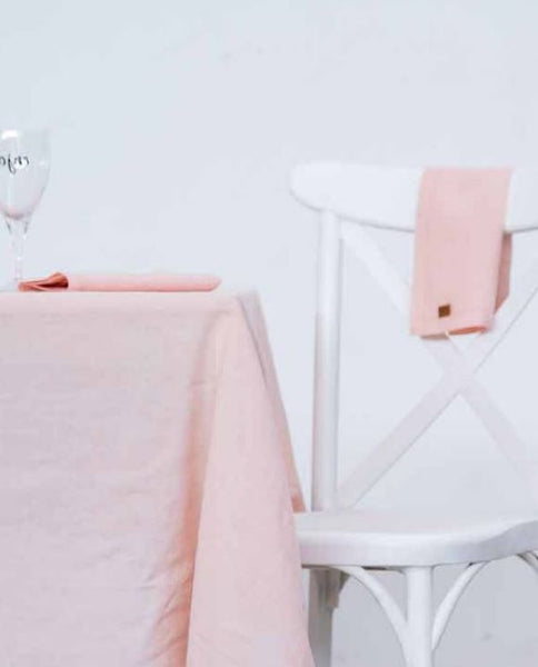 Pink cotton linen napkin on white chair with pink tablecloth - Shopping Blue