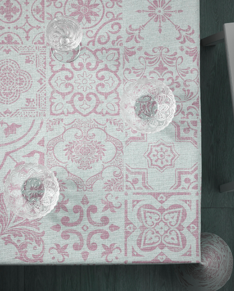Stain resistant tablecloth with Mediterranean print, pink & beige - Shopping Blue