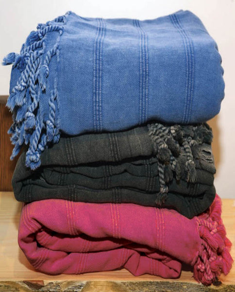 Stonewashed throw blanket, cotton, made in Turkey - Shopping Blue